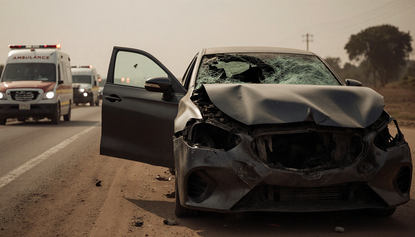 Damaged car sits with crumpled front and shattered windshield on dusty road and ambulances in foreground.