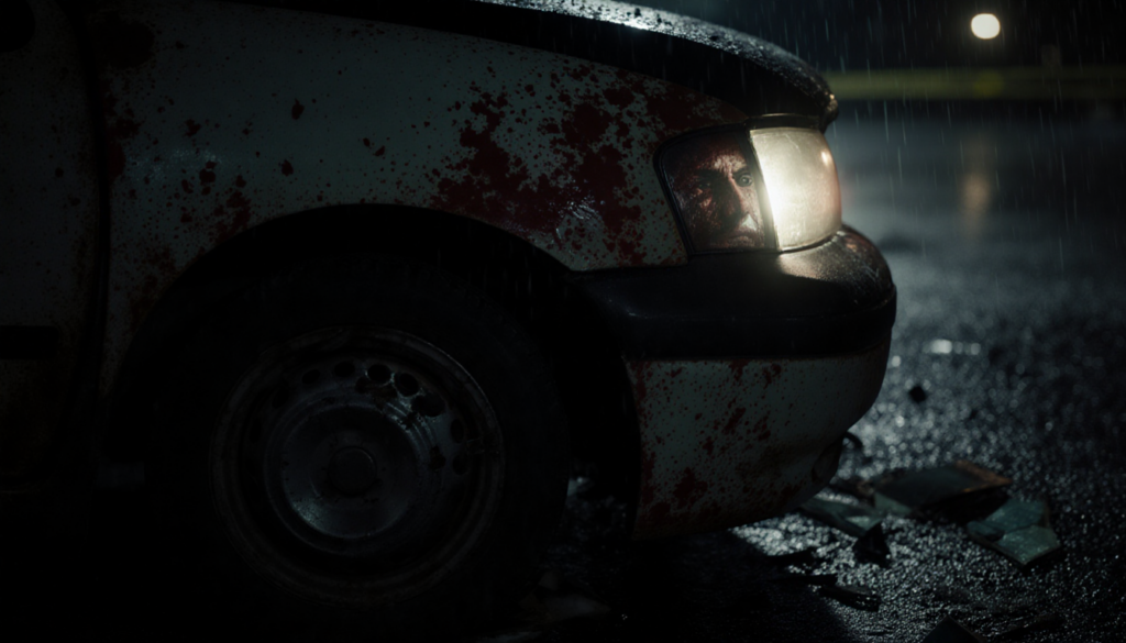 Damaged car glows with broken headlights and bloodstained panels and shattered glass on asphalt and rearview mirror shows fai