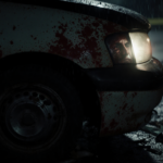 Damaged car glows with broken headlights and bloodstained panels and shattered glass on asphalt and rearview mirror shows fai