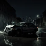 Damaged car blocking intersection with spotlight casting long shadows on wet pavement and dark cityscape behind.