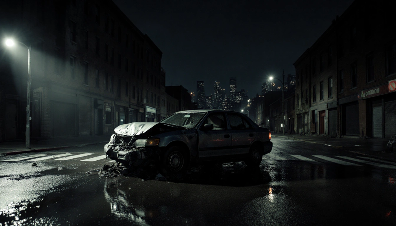 Damaged car blocking intersection with spotlight casting long shadows on wet pavement and dark cityscape behind.