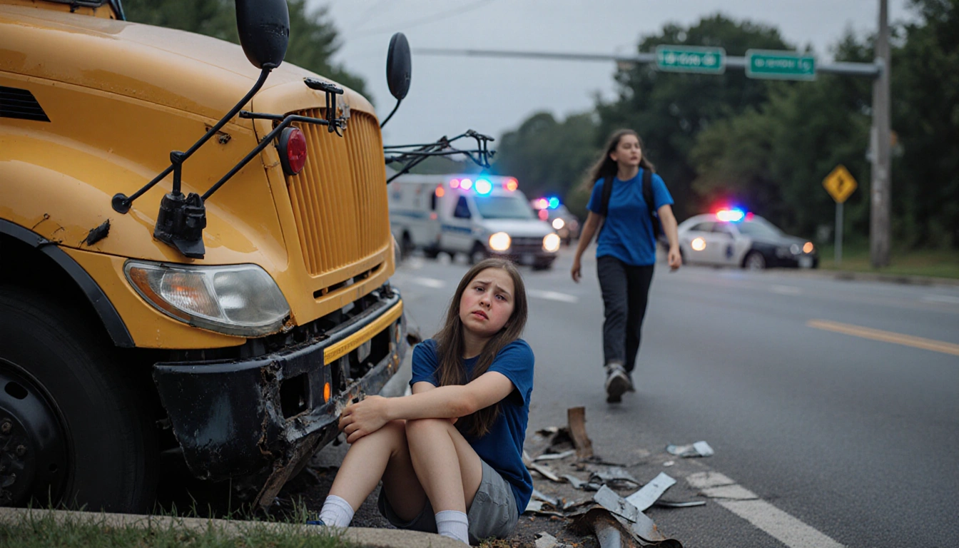 Young girl sits on curb holding her arm in pain with a twisted school bus and nearby police cars in background
