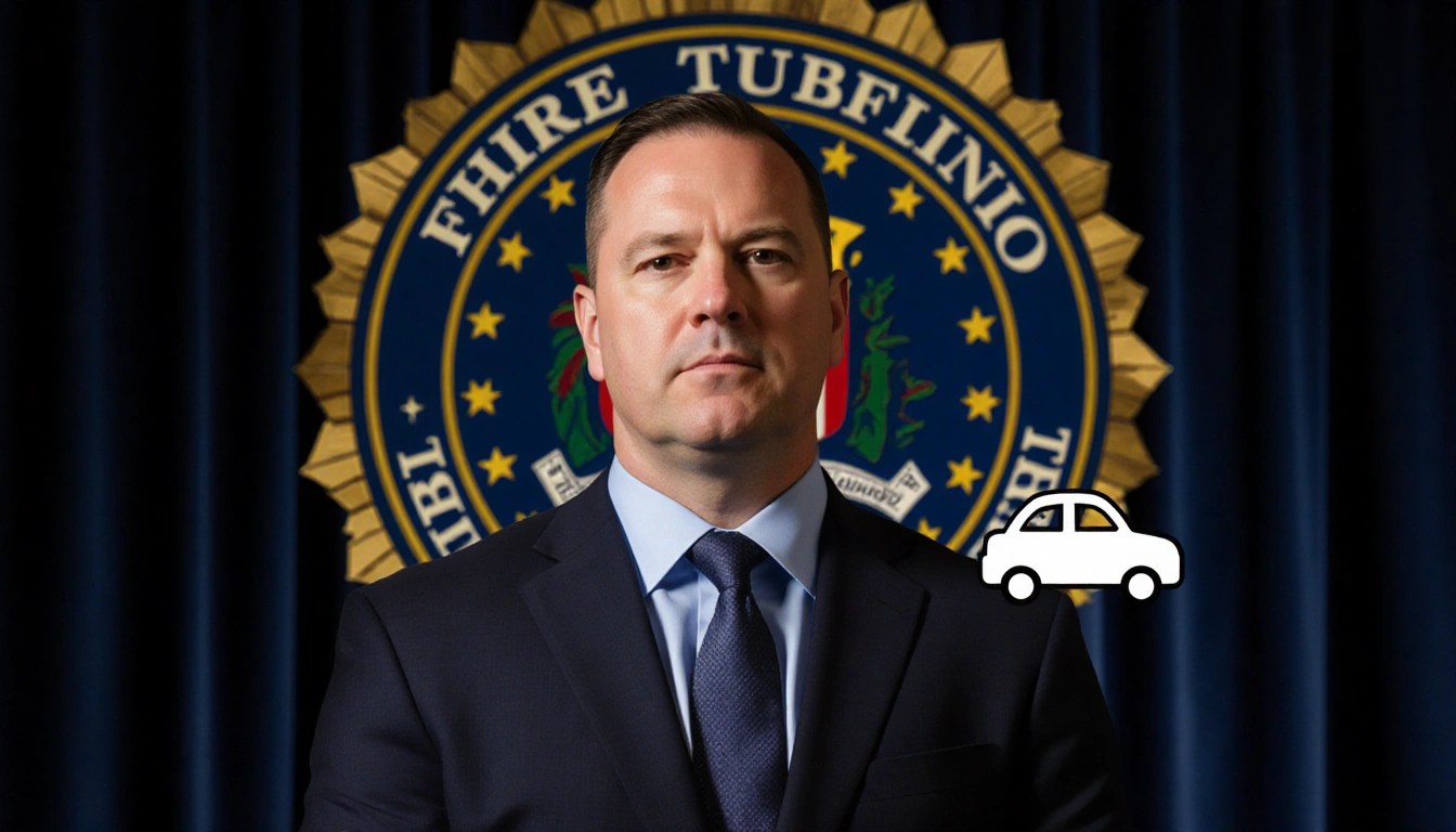 Dan Bongino standing before an FBI badge with a subtle outsider symbol and a blurred background suggesting controversy