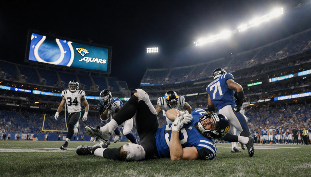 Daniel Jones clutching his football injury leg with teammates rushing and a bright stadium glow behind the field.