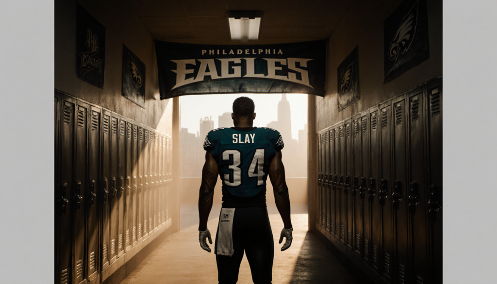 Darius Slay standing at the Philadelphia Eagles locker room entrance with golden light and a faint city skyline.