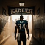 Darius Slay standing at the Philadelphia Eagles locker room entrance with golden light and a faint city skyline.