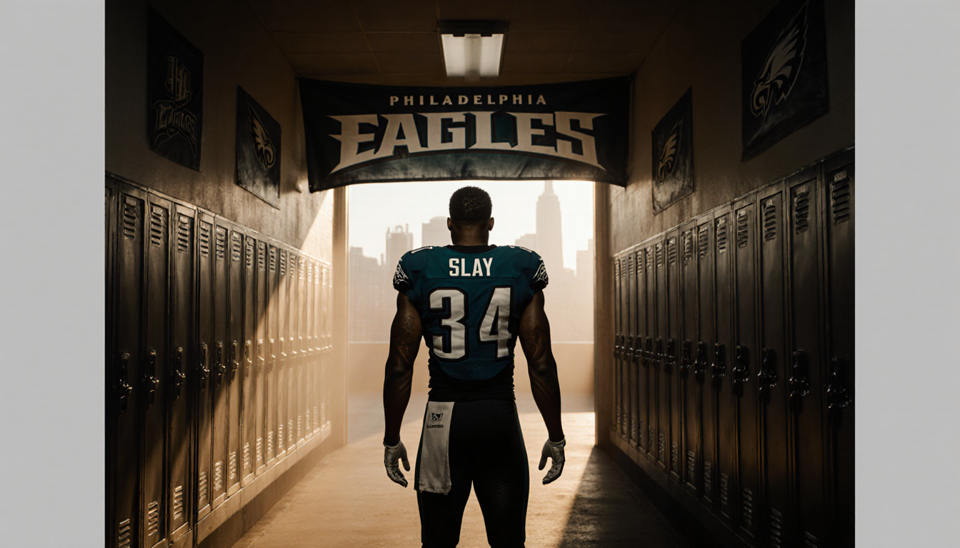 Darius Slay standing at the Philadelphia Eagles locker room entrance with golden light and a faint city skyline.