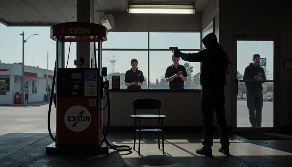 Young man in a black hoodie standing by the window with gun raised in a dark gas station under a flickering light.