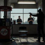Young man in a black hoodie standing by the window with gun raised in a dark gas station under a flickering light.