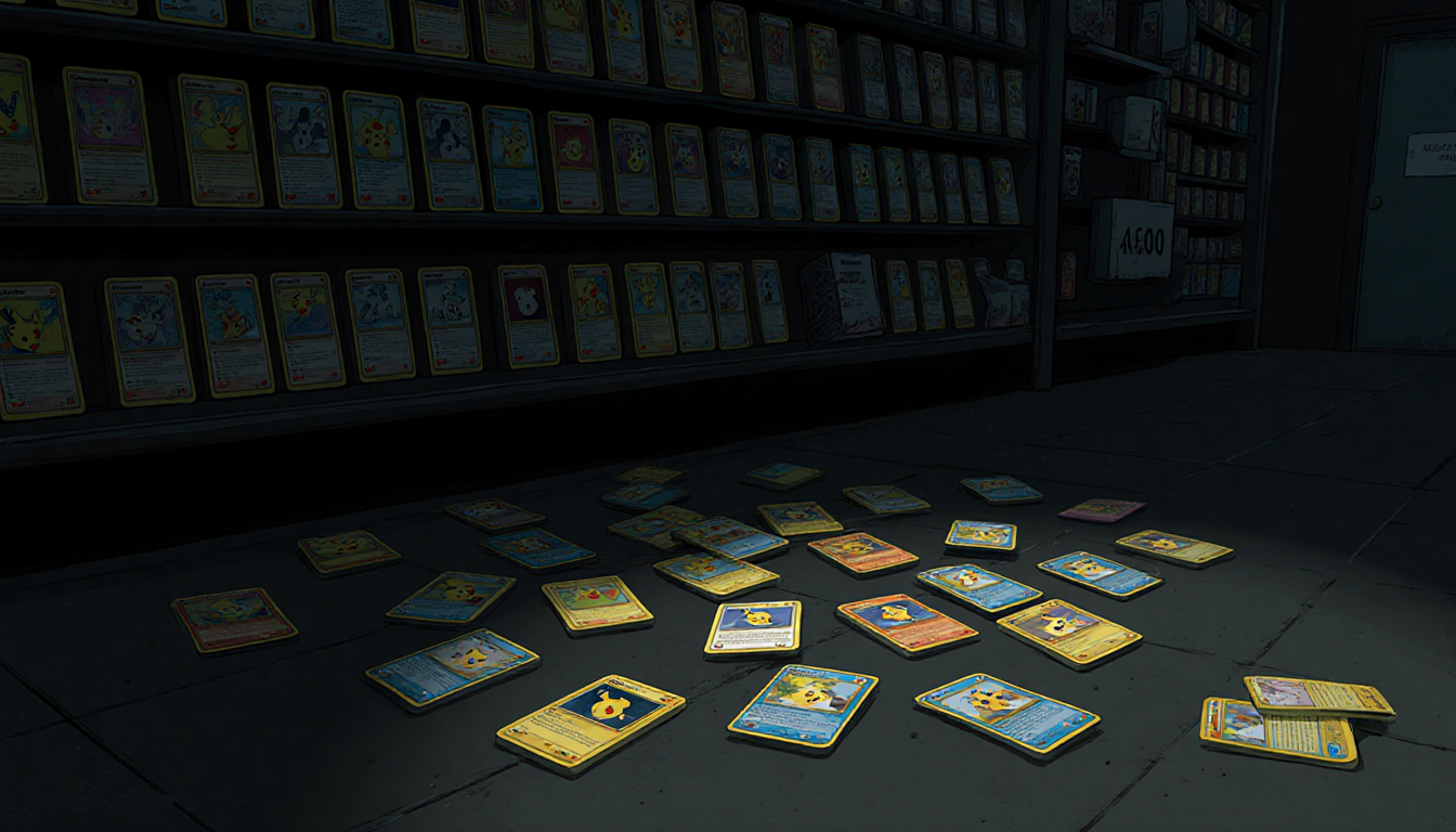 Stolen Pokémon cards scattered on floor with rare card highlighted and shop layout in background.