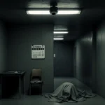 Body lying motionless on floor with broken chair and fluorescent lights and a