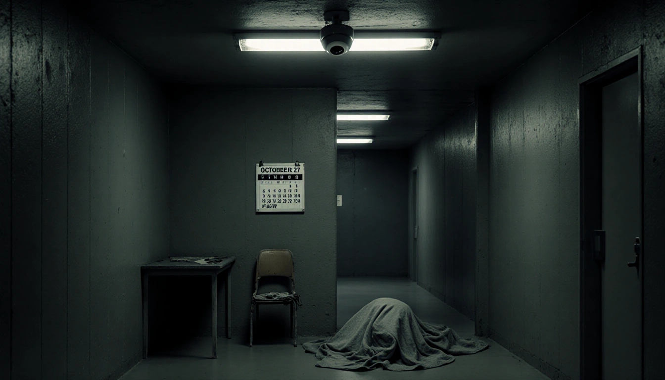 Body lying motionless on floor with broken chair and fluorescent lights and a