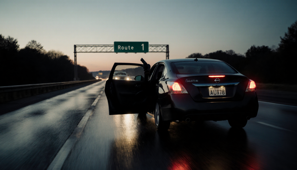 Dark sedan speeds away with a gloved hand holding a gun showing danger and a damaged Nissan Altima on wet pavement