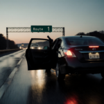 Dark sedan speeds away with a gloved hand holding a gun showing danger and a damaged Nissan Altima on wet pavement