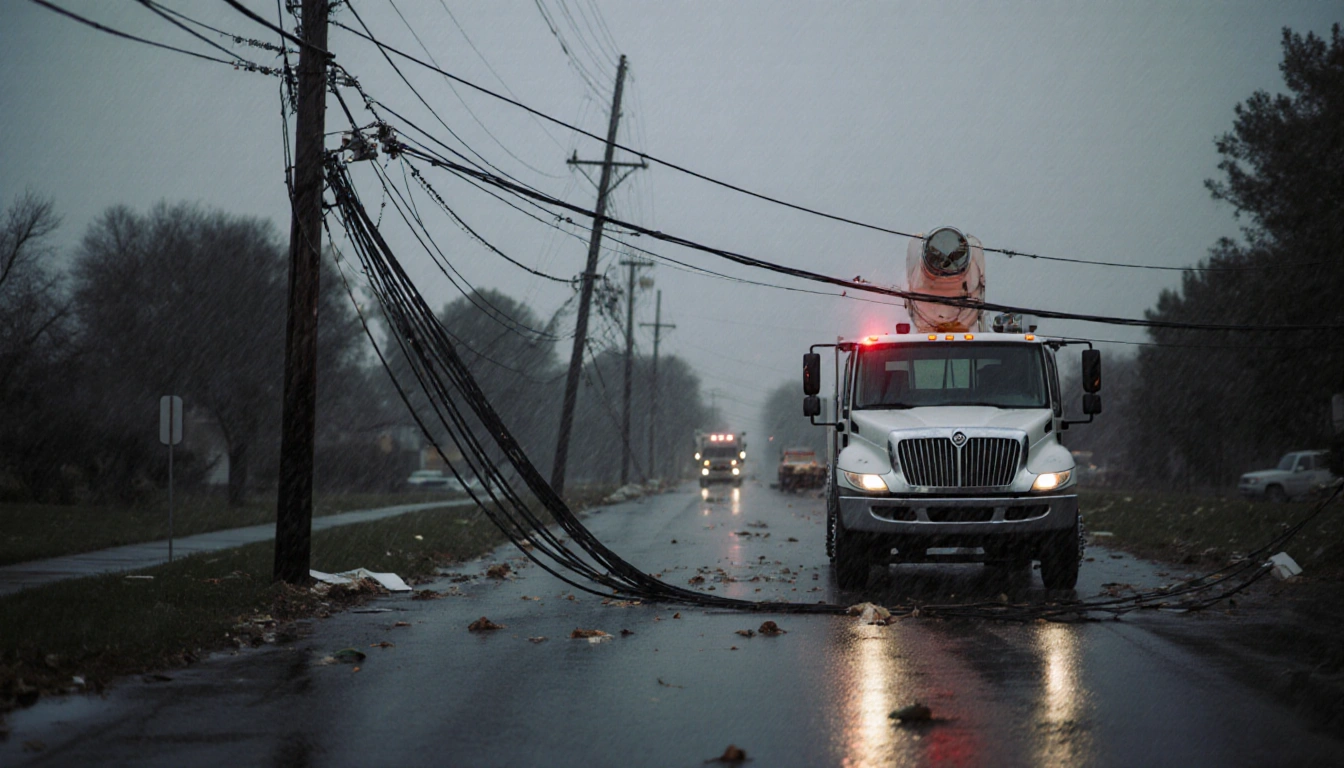 Utility trucks parked along dark street in Illinois with power lines strewn and rain-soaked pavement