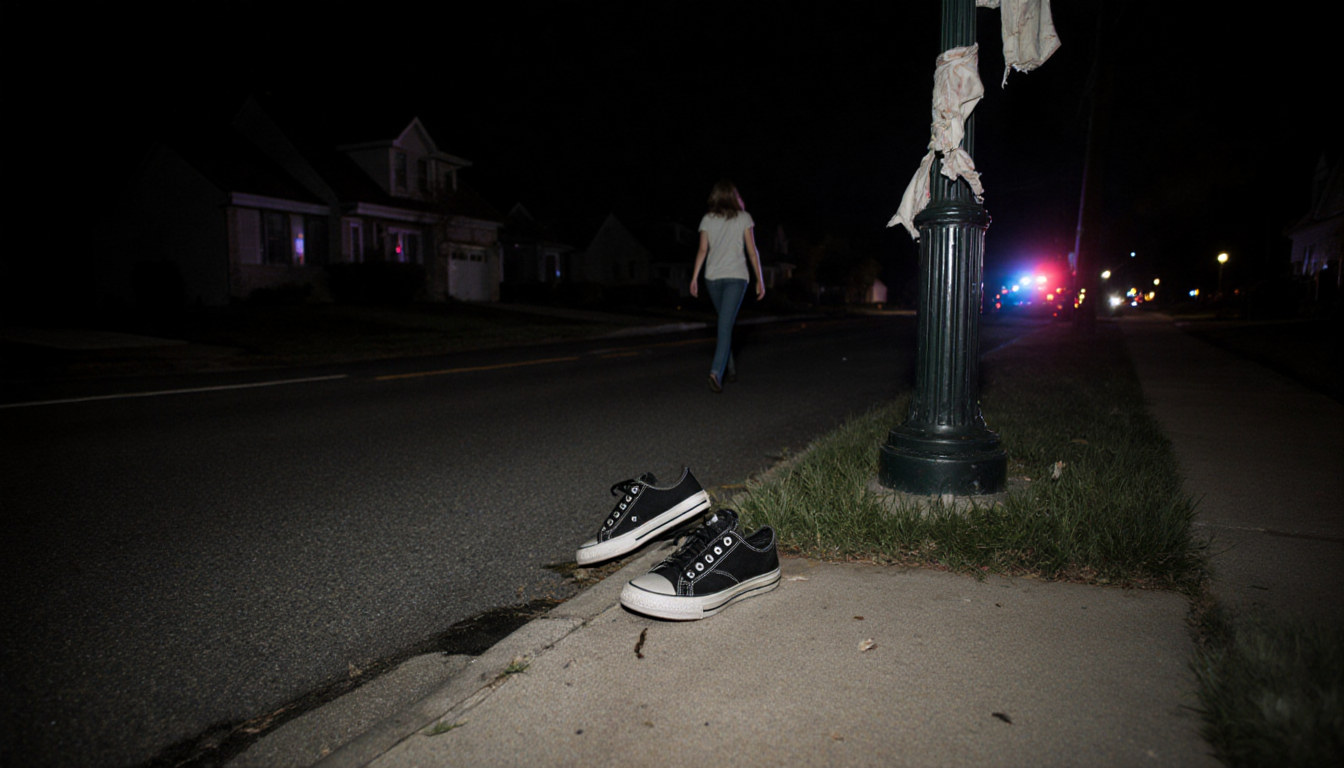 Shoes lie abandoned on dimly lit street with torn fabric hanging and distant police lights flicker