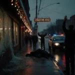 Lone figure raising hands with police car and shattered store window in gritty urban street at dawn.