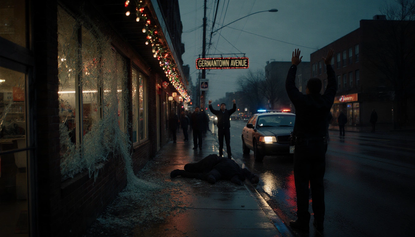 Lone figure raising hands with police car and shattered store window in gritty urban street at dawn.