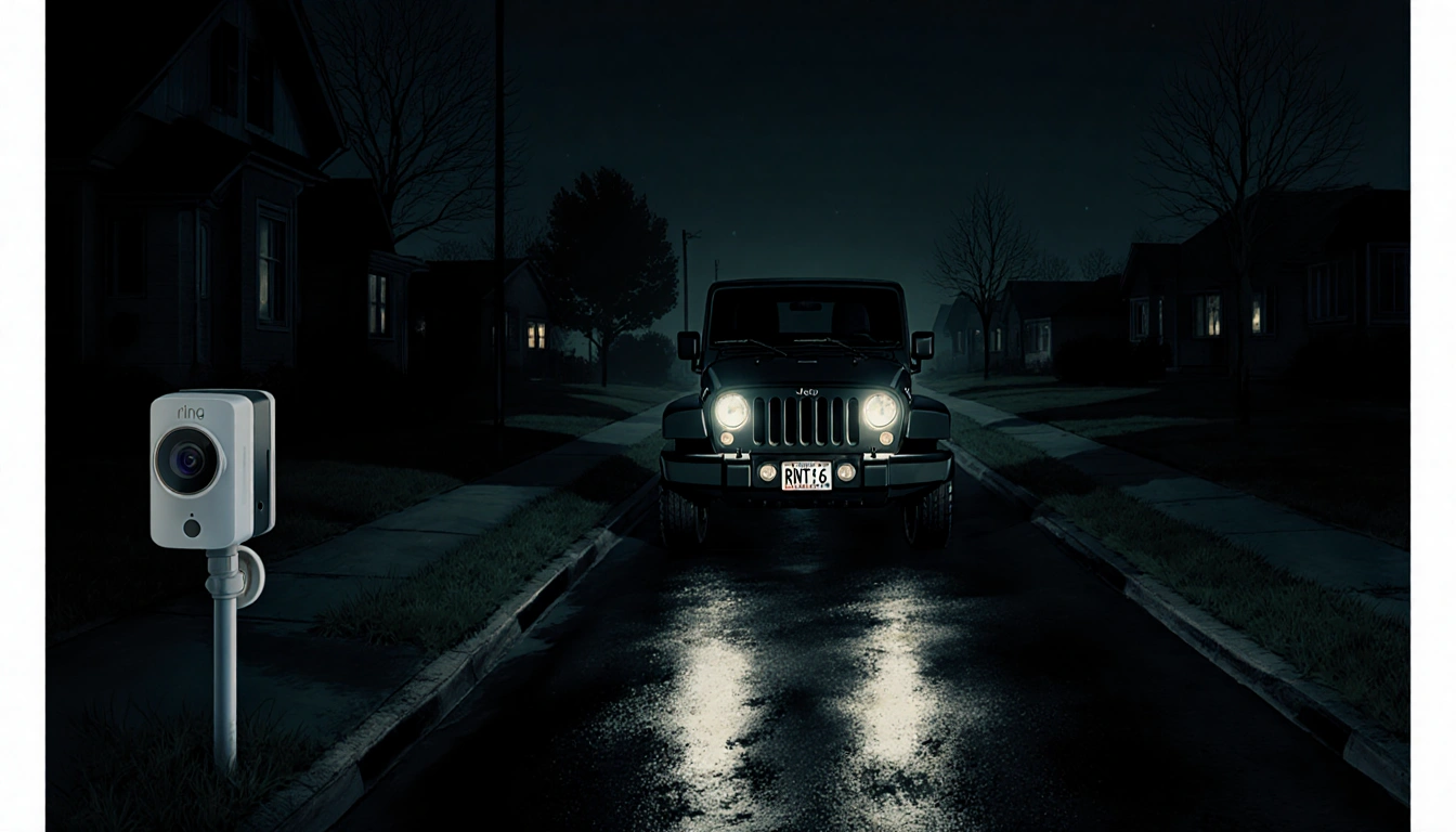 Jeep driving away from a house with headlights glowing on wet pavement and Ring camera on road