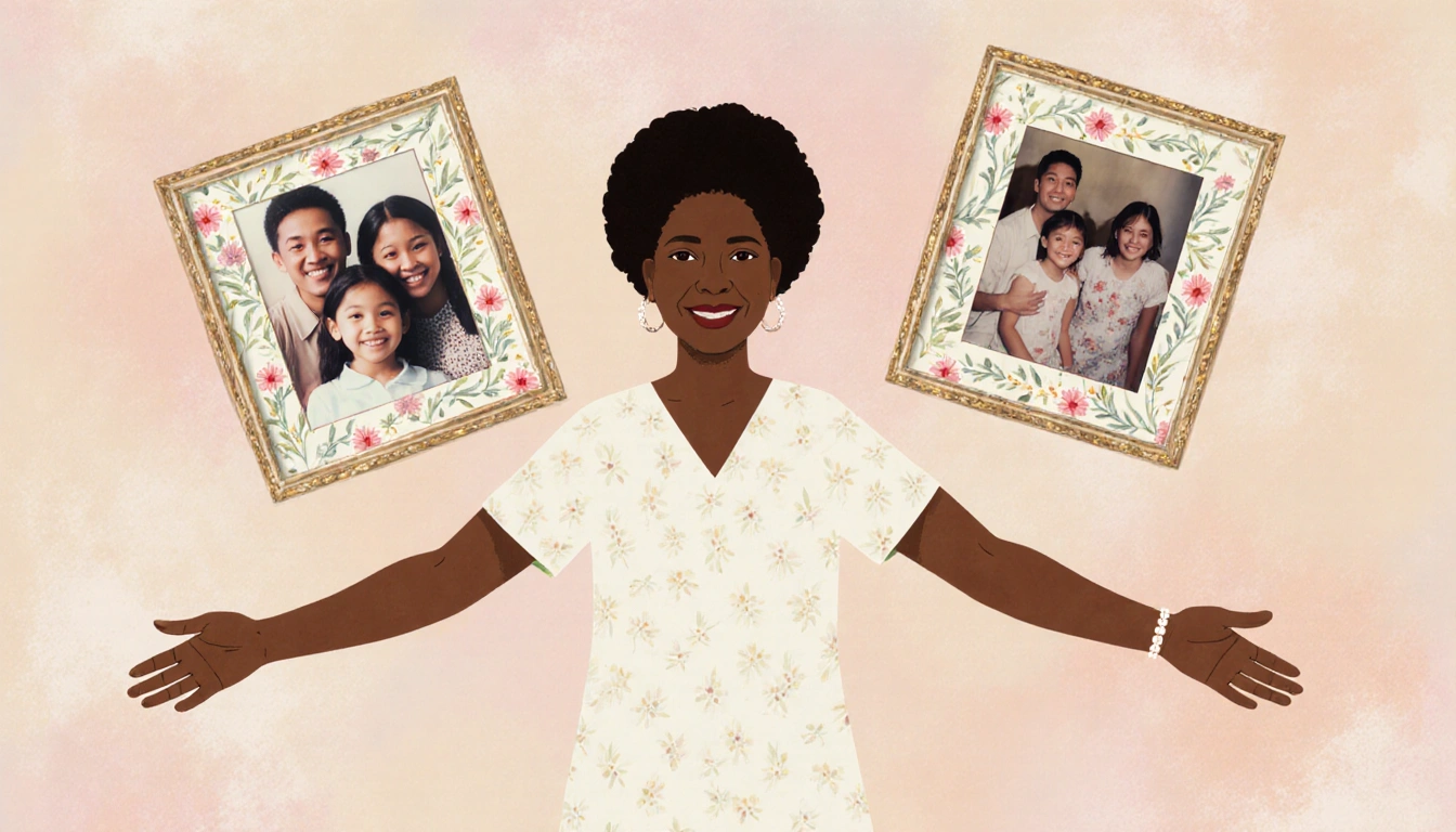 Darlene Snowden opening arms with family photos near her and pastel background showing love