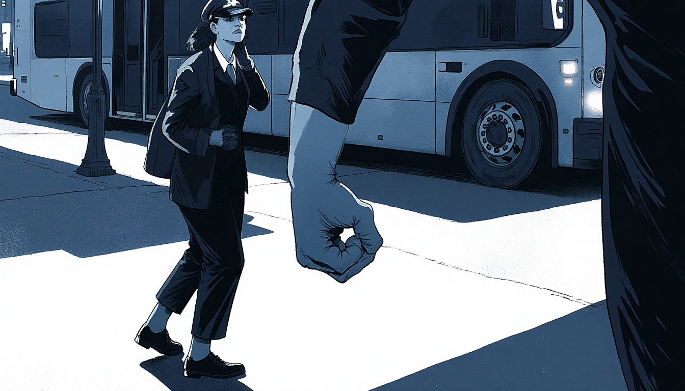 DART bus driver steps forward in distress with serious expression and looks back as a menacing figure leans behind her