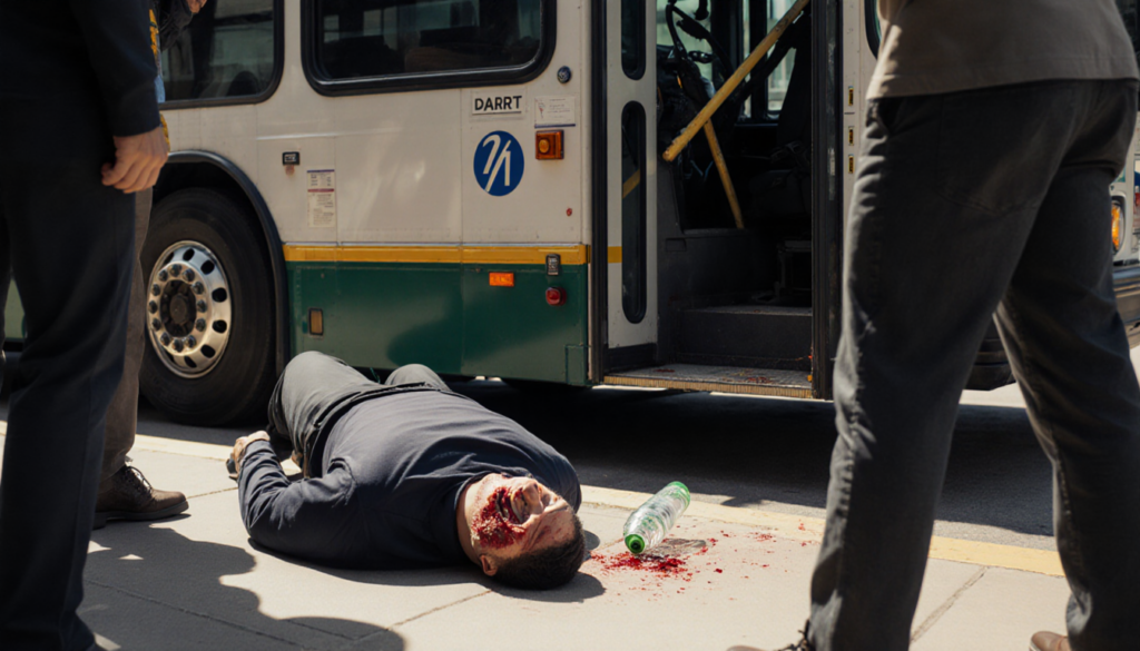 Bus driver lying on sidewalk with bruised face and blood and broken bottle near him and shocked bystanders near bus