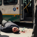 Bus driver lying on sidewalk with bruised face and blood and broken bottle near him and shocked bystanders near bus