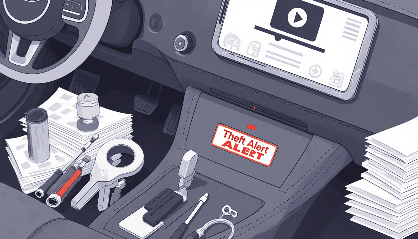 Vehicle dashboard glowing Theft Alert light surrounded by repair manuals and tools and car parts and smartphone screen behind