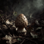Wilted poisonous mushroom rests among fallen leaves with misty fog on forest floor.