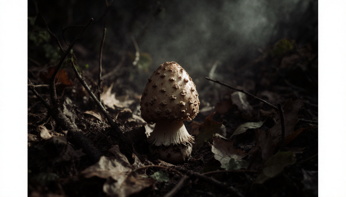 Wilted poisonous mushroom rests among fallen leaves with misty fog on forest floor.