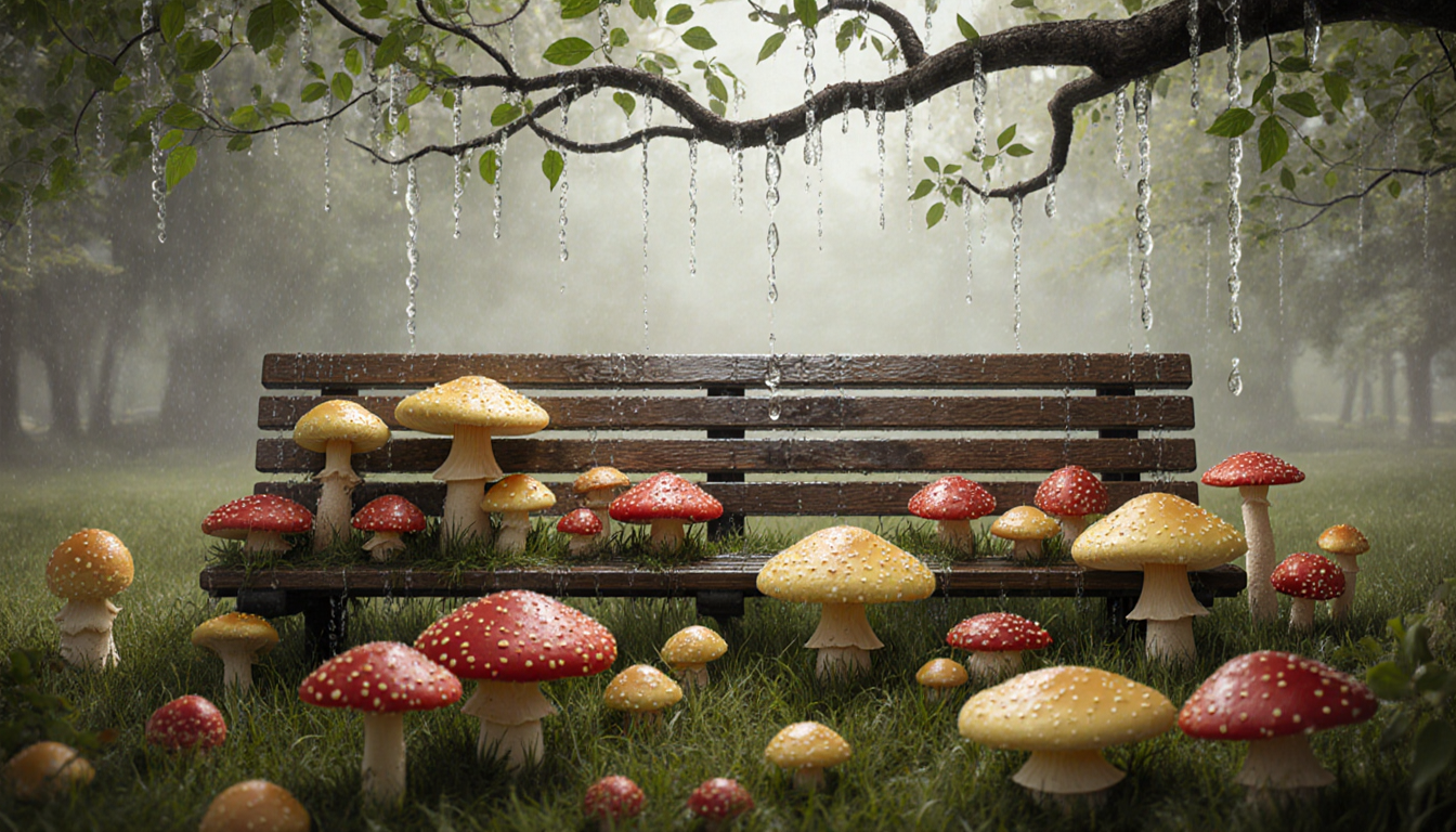 Bench rests with mushrooms growing through slats and rainwater droplets on leaves