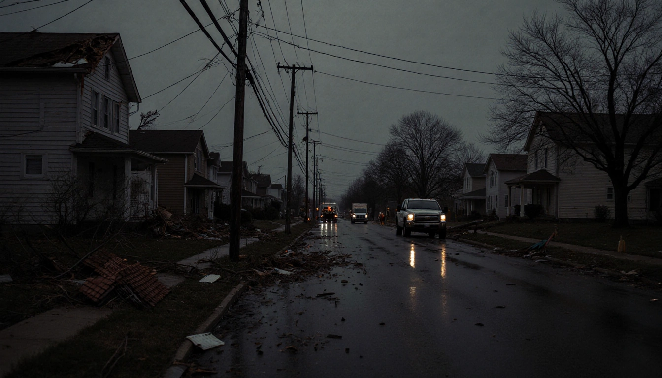 A darkened residential street shows tornado damage with debris broken branches and torn roof tiles and power outage trucks be