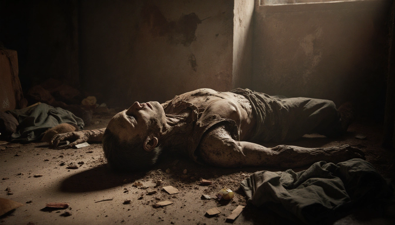 Decomposed human body lying face down with warm eerie glow and scattered old clothes in a dimly lit corner