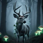 White‑tailed deer standing still in misty forest with glowing fungi lighting the background and twisted antlers
