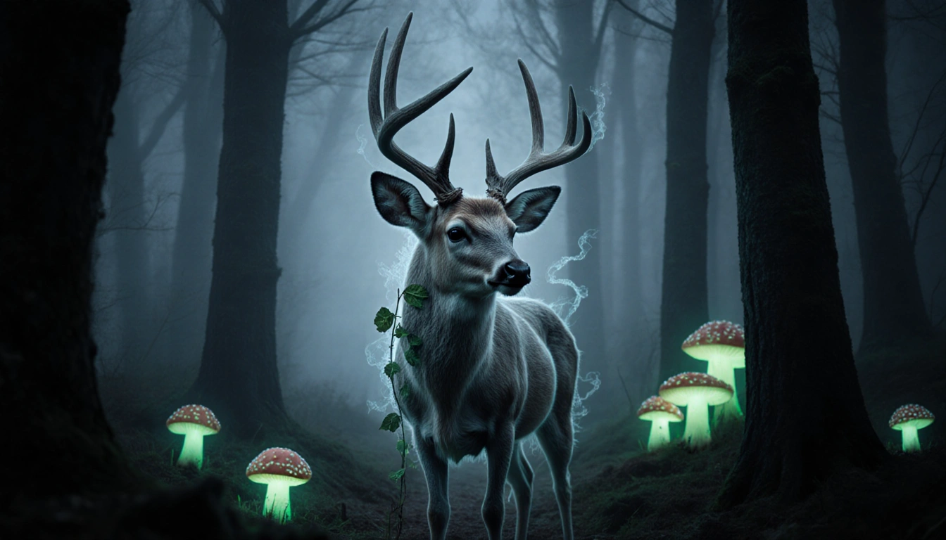 White‑tailed deer standing still in misty forest with glowing fungi lighting the background and twisted antlers