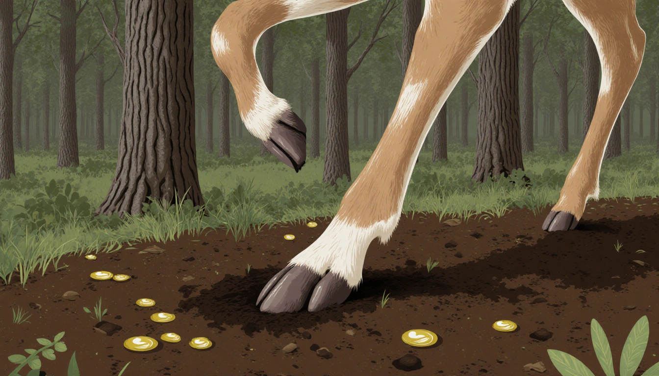 Deer paw touching CWD contaminated soil with urine droplets and fecal matter near a forest background with distorted foliage