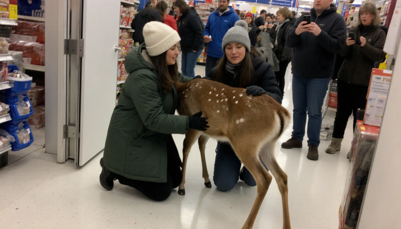 Two women in Marshalls guide a deer out with one holding the door and the other supporting its body with minor cuts on legs.