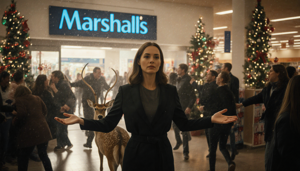 Calm woman stands with outstretched arms and a cowering deer amid frantic holiday shopping