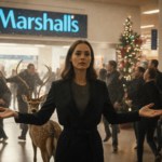 Calm woman stands with outstretched arms and a cowering deer amid frantic holiday shopping