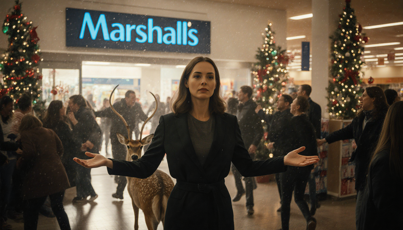 Calm woman stands with outstretched arms and a cowering deer amid frantic holiday shopping