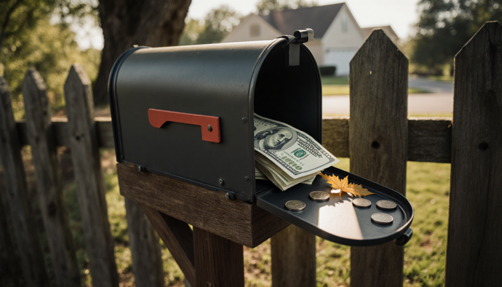 Rural mailbox open revealing stack of $100 bills with morning light casting long shadows and a leaf covering a dollar bill