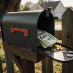 Rural mailbox open revealing stack of $100 bills with morning light casting long shadows and a leaf covering a dollar bill