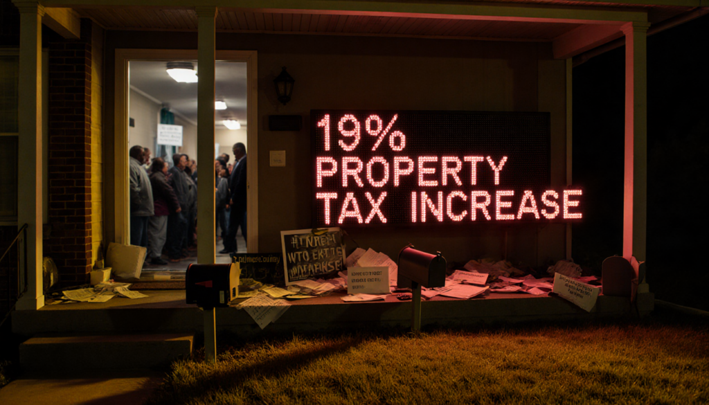 Front porch displays 19% PROPERTY TAX sign with scattered bills and protest signs under golden light in Delaware County