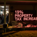 Front porch displays 19% PROPERTY TAX sign with scattered bills and protest signs under golden light in Delaware County