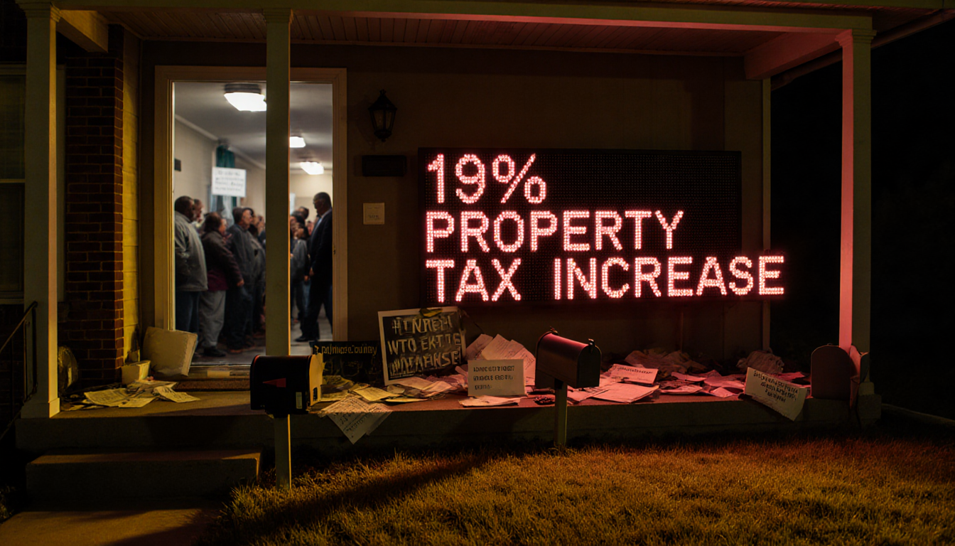 Front porch displays 19% PROPERTY TAX sign with scattered bills and protest signs under golden light in Delaware County