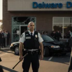 State trooper holding broken baton with dark alley visible and overturned black sedan in background