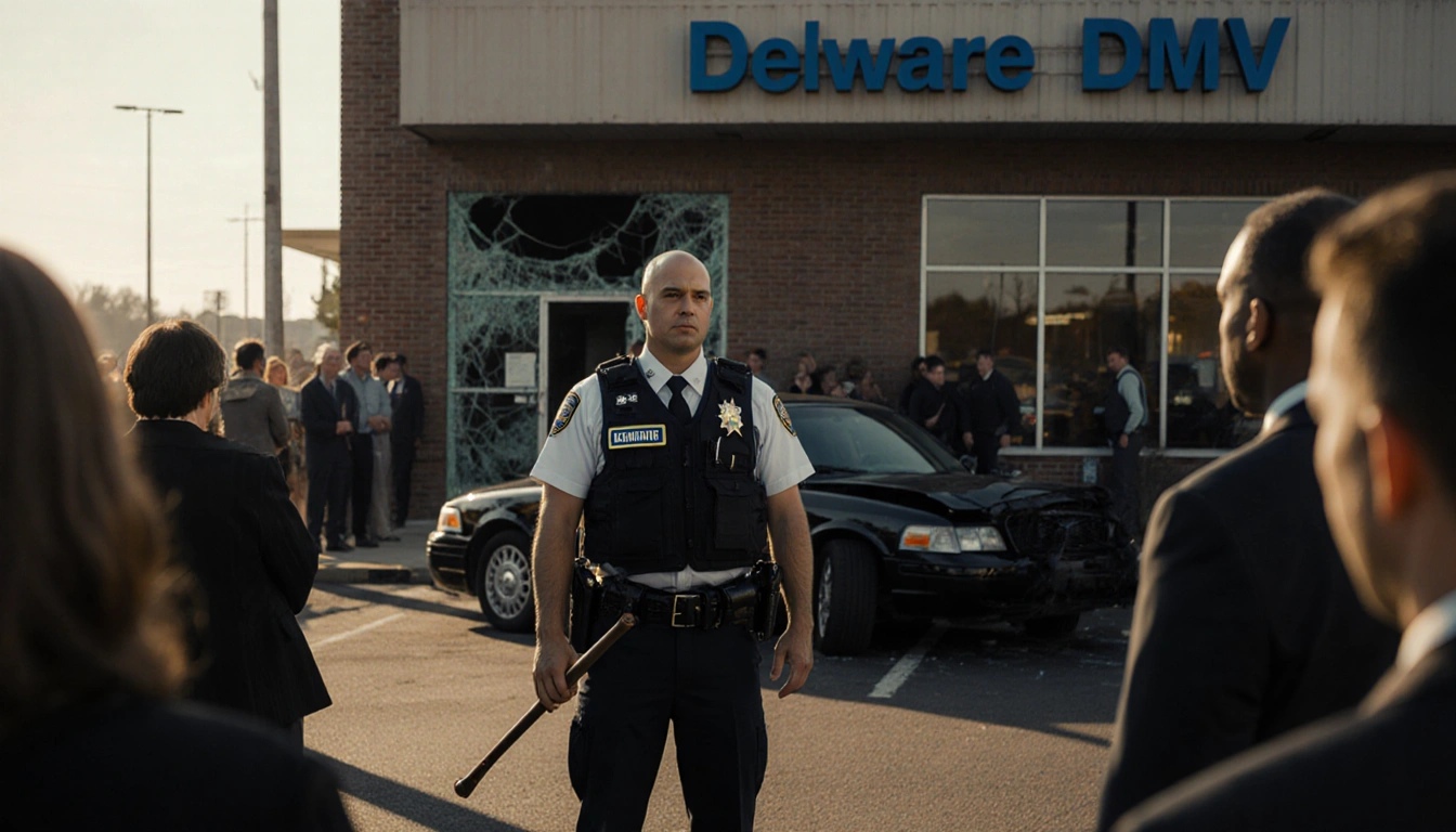 State trooper holding broken baton with dark alley visible and overturned black sedan in background