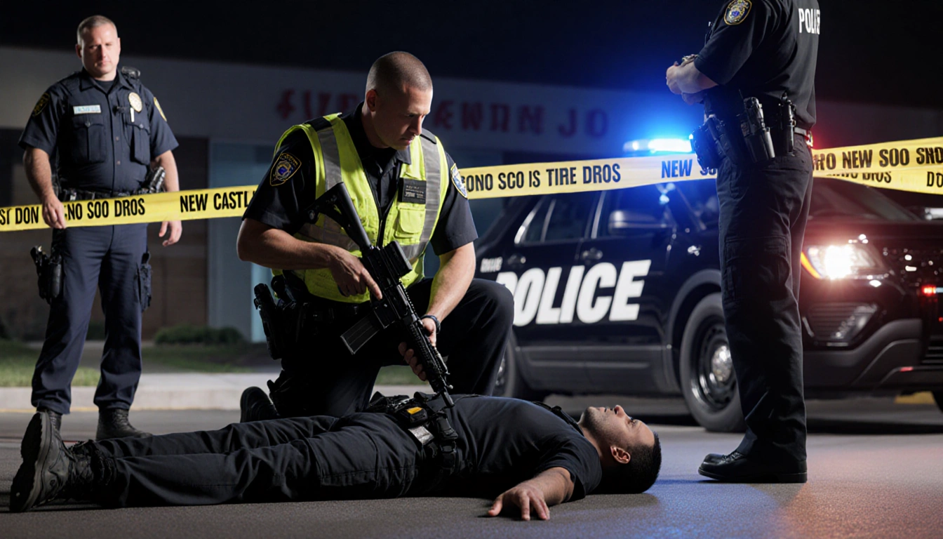 New Castle police officer kneeling beside fallen figure with vest and firearm with crime scene tape in Delaware DMV