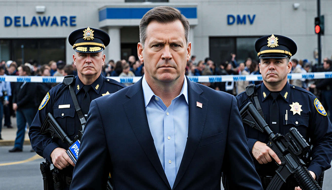 Delaware Governor Matt Meyer stands confidently with state troopers holding a badge and a rifle in front of a DMV building.