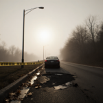 Black sedan with damaged rear bumper sits on asphalt near police tape under a lone streetlight with misty dawn sky.
